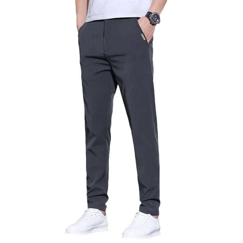 New Summer Soft Stretch Ultra-thin Men's Casual Pants Slim Business Elastic Waist Breathe Ice Silk Solid Color Trousers Male