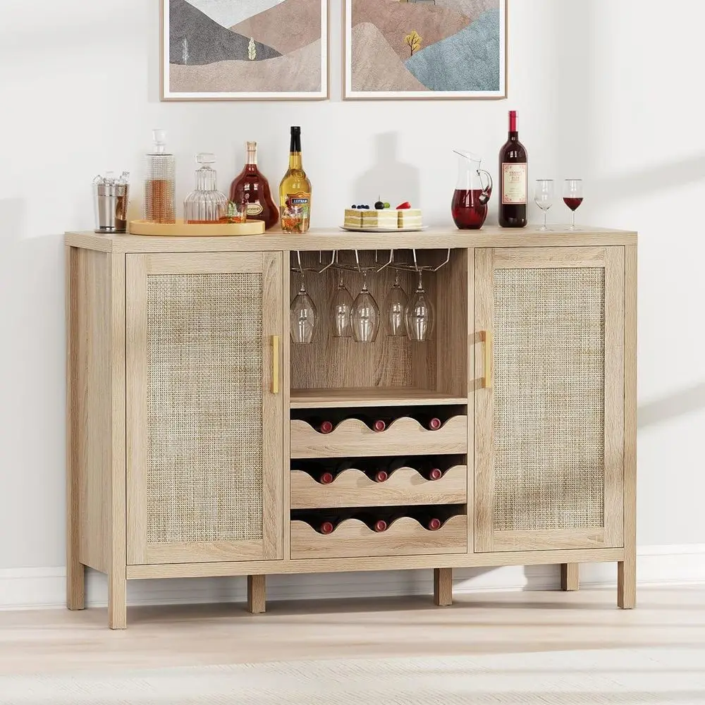 

Bohemian Rattan Home Bar Cabinet with Glass Holders and Drawer Racks, Oak Buffet for Living & Dining Spaces Customized