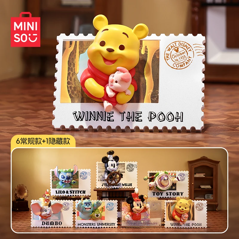 

Disney Winnie The Pooh Action Figure Stitch Dumbo Mickey Mouse Blind Box Vintage Stamp Fridge Magnet Table Decoration Kids Gifts