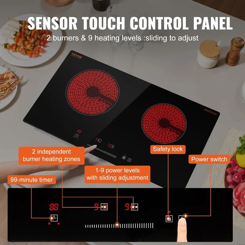 VEVOR 電気ラジアントクックトップ、24インチ 2バーナー内蔵電気ストーブトップ、1800W セラミックトップクックトップ、ガラスパネル付き