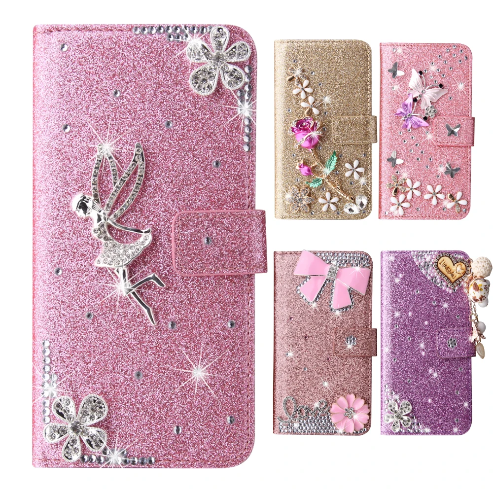 Luxury Handmade Bling Diamond Glitter PU Leather Wallet Case for IPhone 14 13 12 11 15 Pro Max XR X Plus 7 8 SE 2022 Book Cover