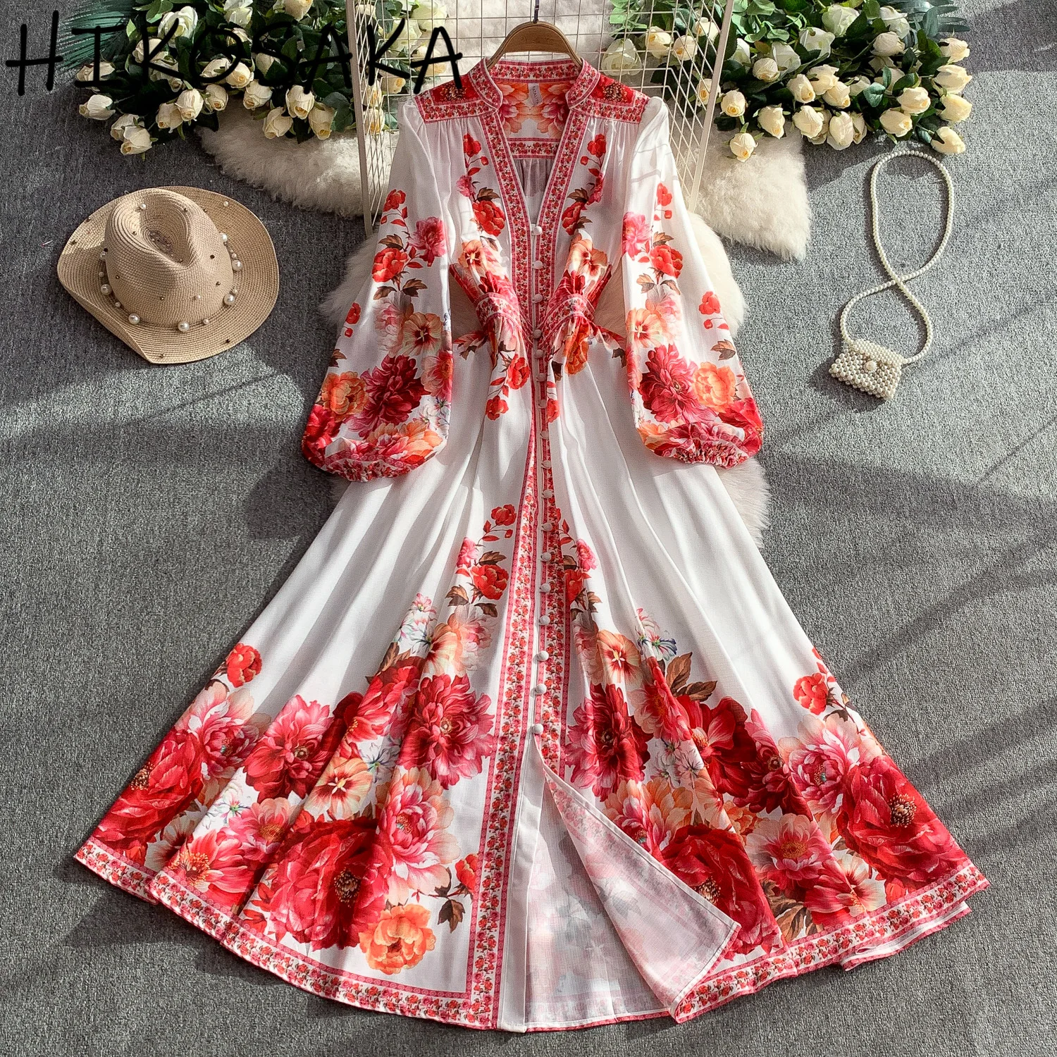 

Vintage Court Style Print Dress V-neck Long Sleeve Single Breasted Slim Waist Big Swing Robe Fresh Temperament Vestidos Mujer