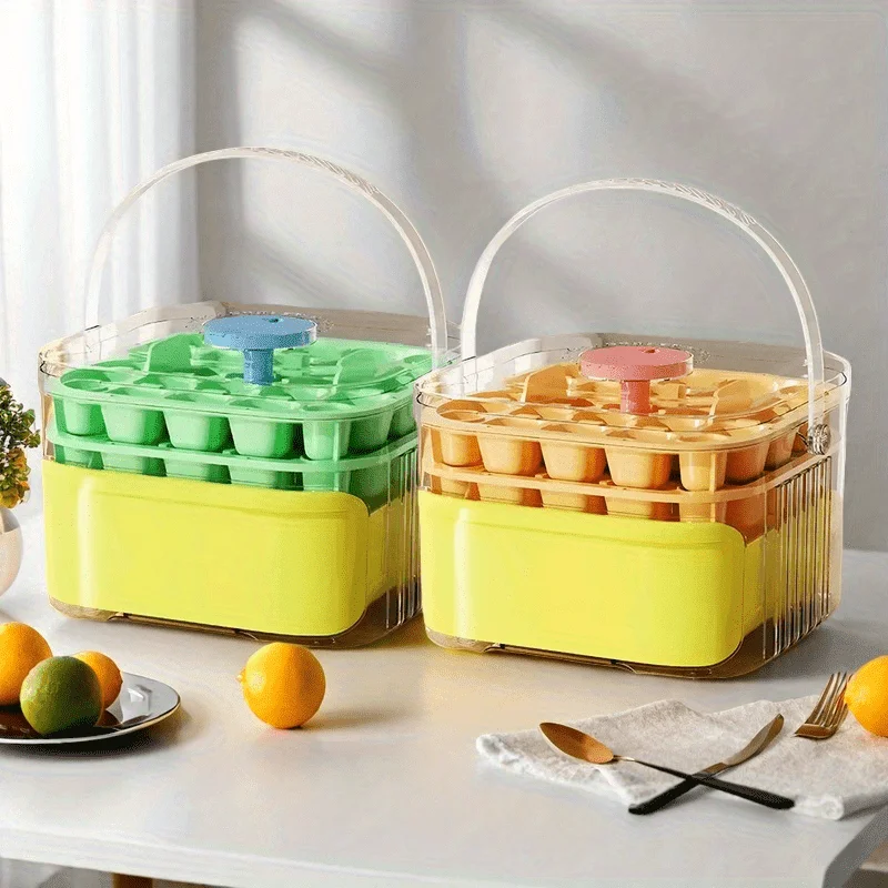 Compact Double Layer Ice Cube Tray with Lid and Bin, One-Click Demolding, Pull-Out Ice Drawer with Portable Handle with Shovel