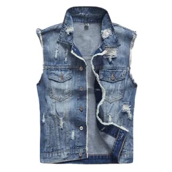 Chalecos de mezclilla rasgados para hombre, chaquetas azules ligeras con agujeros, abrigos de mezclilla, nueva moda, pantalones vaqueros ajustados de algodón para hombre, 5XL