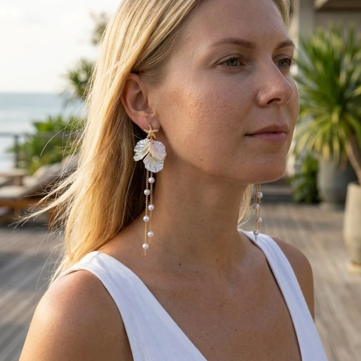 Ozean-Seestern-Ohrringe aus Acryl mit simulierten Perlenketten und Quasten für Damen, Sommer-Muschel-Seepferdchen-Schildkröten-Ohrringe, Schmuck – Detail 13