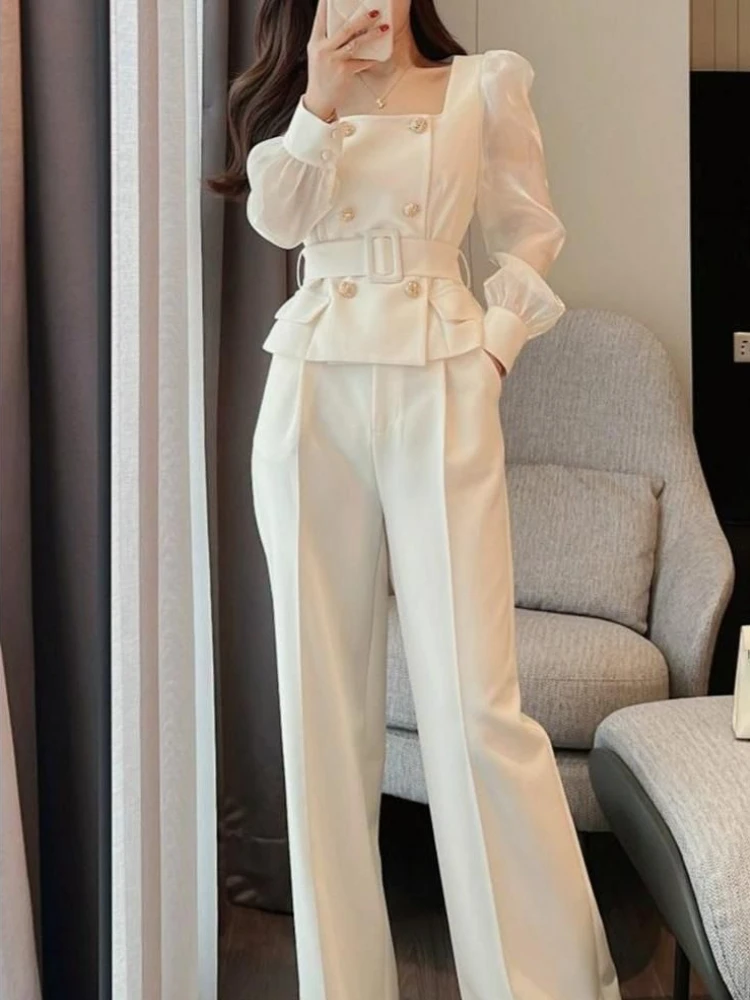 Sets Women Chic Korean Style Spring New Graceful Square Collar Tops Simple Wide Leg Pants Temperament Office Ladies Two Pieces