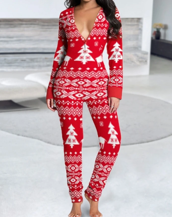 2025 Woman Long Jumpsuits Elegant Christmas Print V-Neck Jumpsuit Functional Buttoned Flap Adults Pajamas One Piece Overall