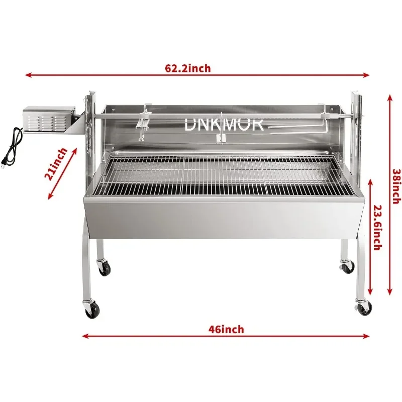 Rôtissoire à capuchon en acier inoxydable, rôtissoire à charbon de bois, broche à charbon de bois, gril de rôtissoire, over, agneau, moteur 30W, 62 po