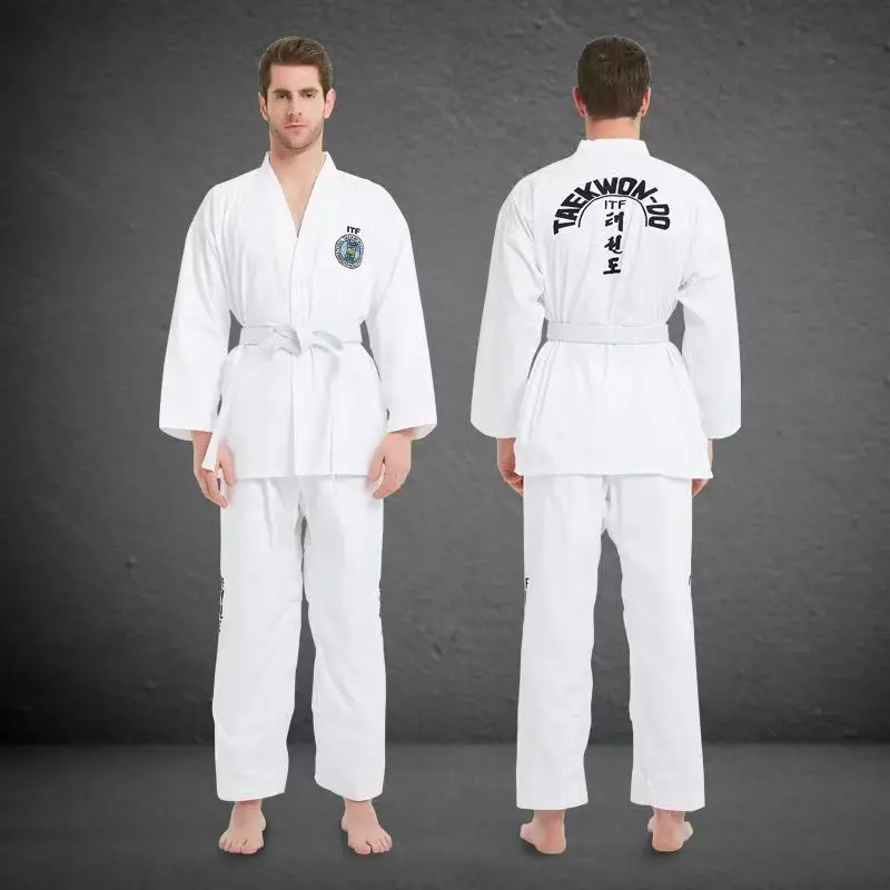 White Embroidery ITF Taekwondo Uniform Set for Child and Adult Pants Coat Karate Training Uniform