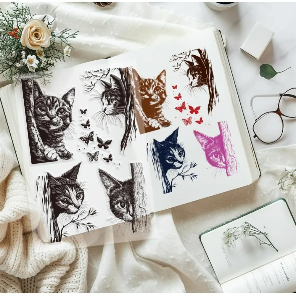 1pc Cat Corners Clear Stamps Kitten with Twig Transparent Stamp Decorative Clear Stamps Craft Stamp Rubber Stamp for Card Making