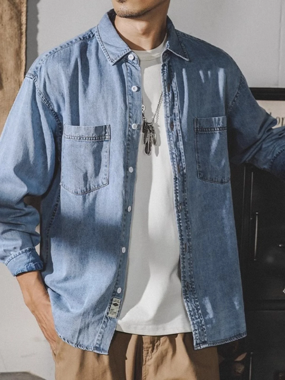 

Американская классическая мужская рабочая рубашка в стиле ретро с длинным рукавом, простая, свободного кроя, с острым воротником, для весны и осени