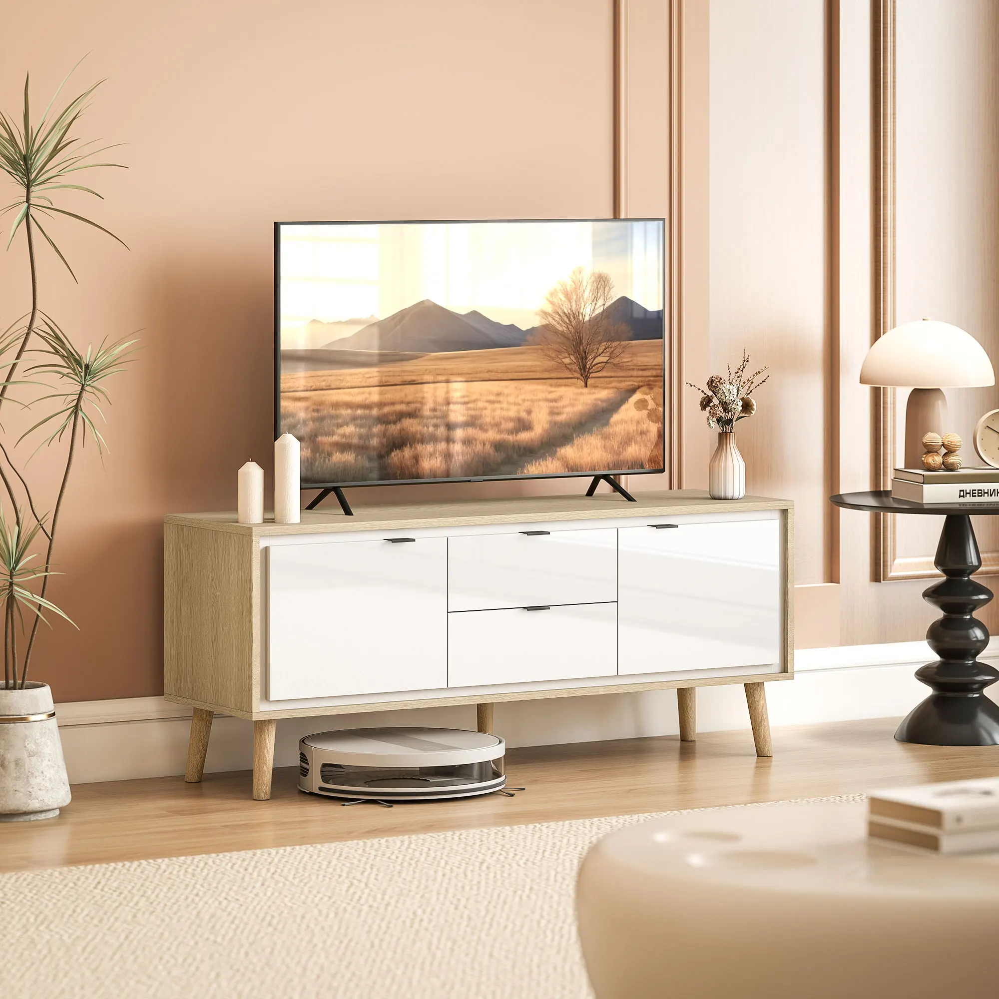 HOMCOM Mueble de TV Moderno de 2 Puertas, Mesa TV para Salón con 2 Cajones, Orificios Pasacables, Estantes Extraíbles y Ajustables, para Televisión 55 Pulgadas, 120x35x50 cm, Blanco Brillo y Roble