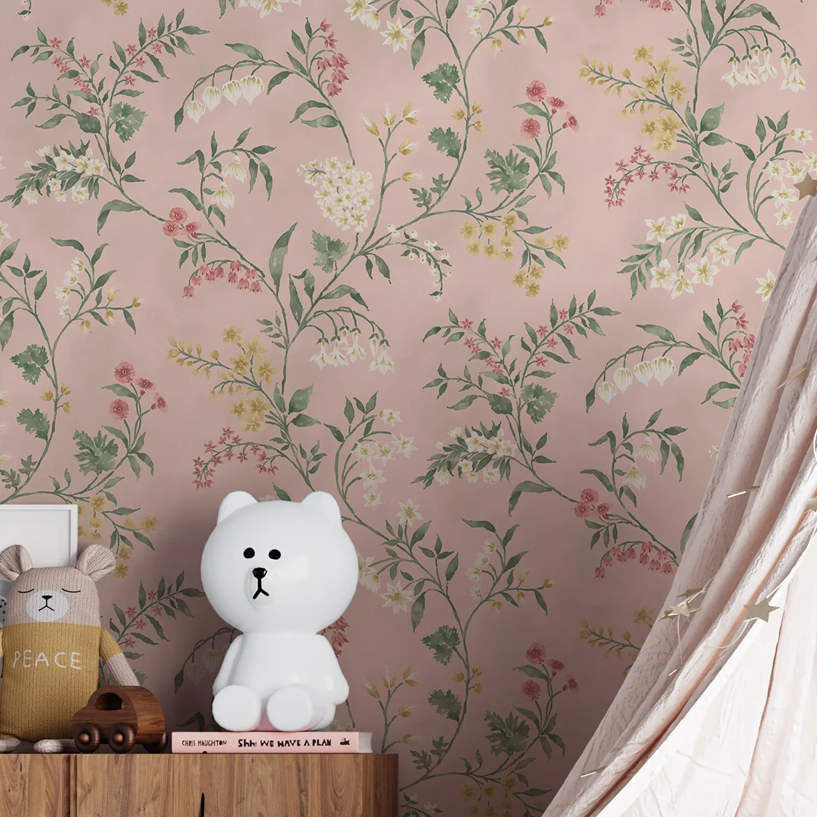 Almora Wallpaper, delicate floral wall paper with featuring bell flowers and fuchsias in dusty pink back,Traditional Un-paste