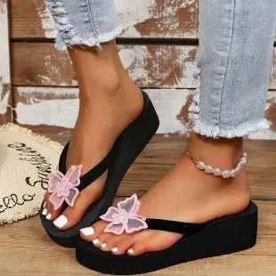 Wedge Women Flip Flops Thick Bottom Summer Fashion Flower Rhinestone Platform Slippers Comfortable Lightweight Beach Sandals