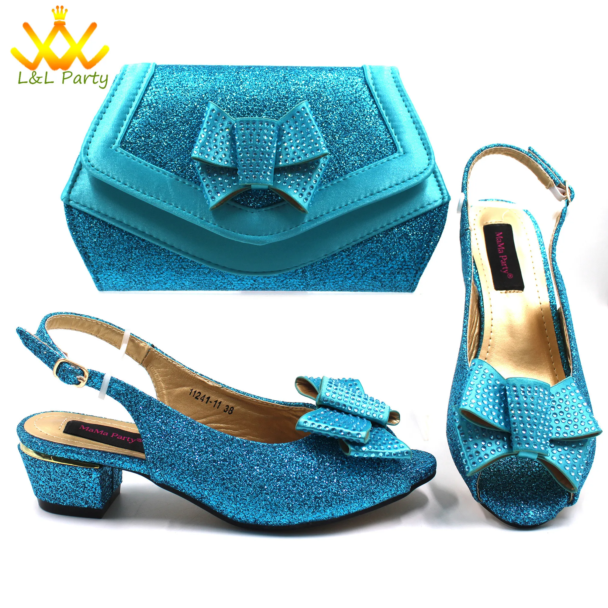 2024 New Design Specials Italian Women Shoes Matching Bag Set in Sky Blue Color Comfortable Heels with Appliques for Wedding