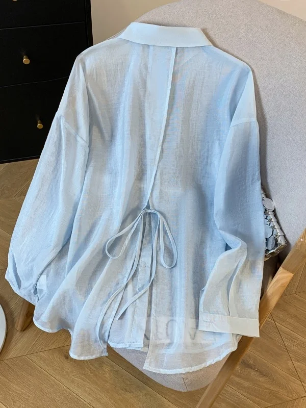日焼け止めアイスシルク女性のシャツ夏軽量長袖ポロ襟カジュアルアウター半透明ファッション通勤