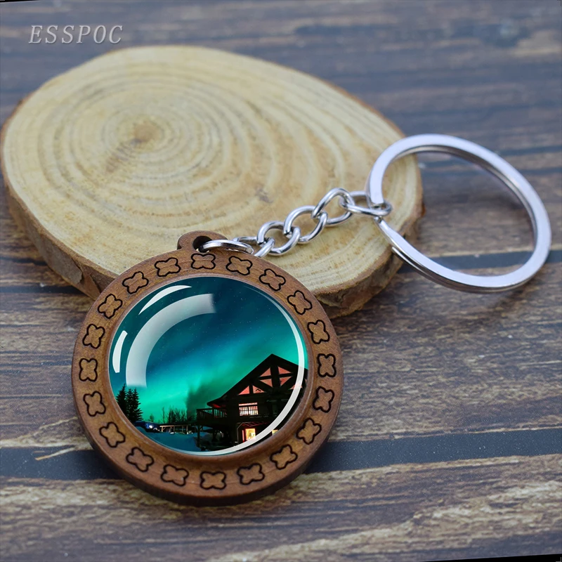 Aurora Lighting Wooden Key Chain Northern Lights Keyring Trinket Jewelry Glass Cabochon Vintage Keychain for Men Women