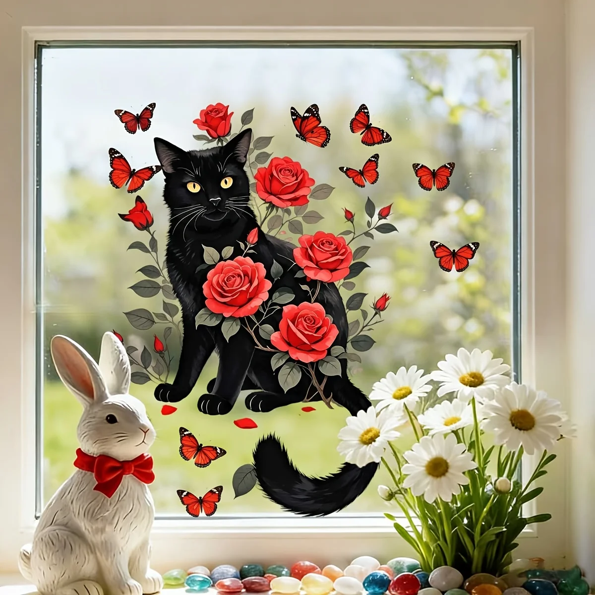 2D Flat 1Pc Fun and Creative Warm-Themed Window and Wall Stickers, Black Cat, Red Rose, and Butterfly Design Stickers, Self-Adhesive Pvc Wall Decoration, Suitable for Study Rooms, Dining Rooms, Bedrooms, Living Rooms, Kitchens, Doors, Windows, Cabinets, Glass, Tiles, and Wall Decoration, Cute Stickers That Are Attractive and Practical, Easily Creating a Cozy Space