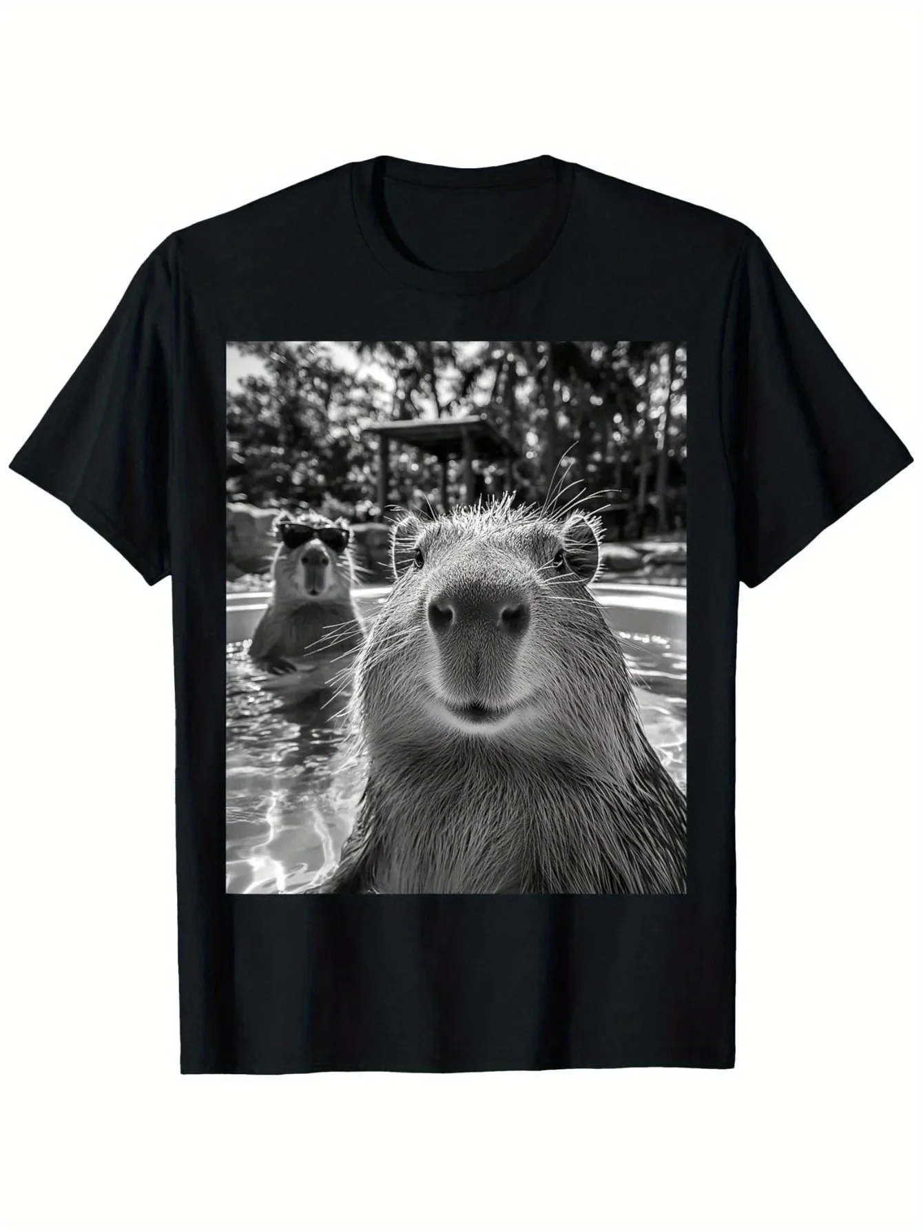 

Black short-sleeved crew neck with bright cartoon print,light and breathable,perfect for casual summer wear