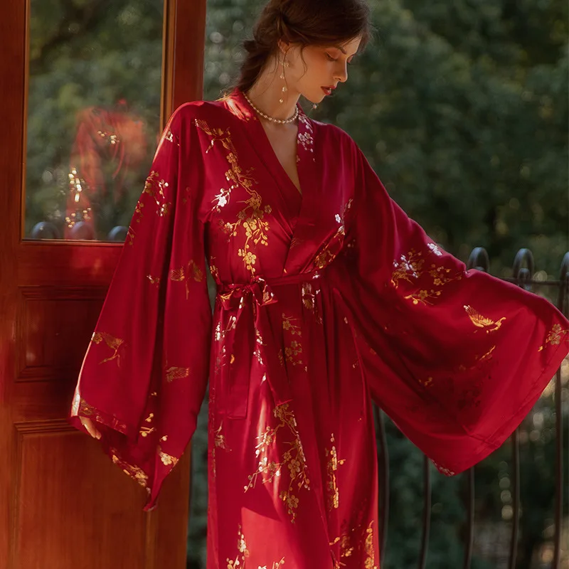 Luxury Burgundy Kimono Robe Women Wedding Bride Bathrobe Sexy Bronzing Flower Morning Dressing Gown Elegant Sleepwear Nightgown