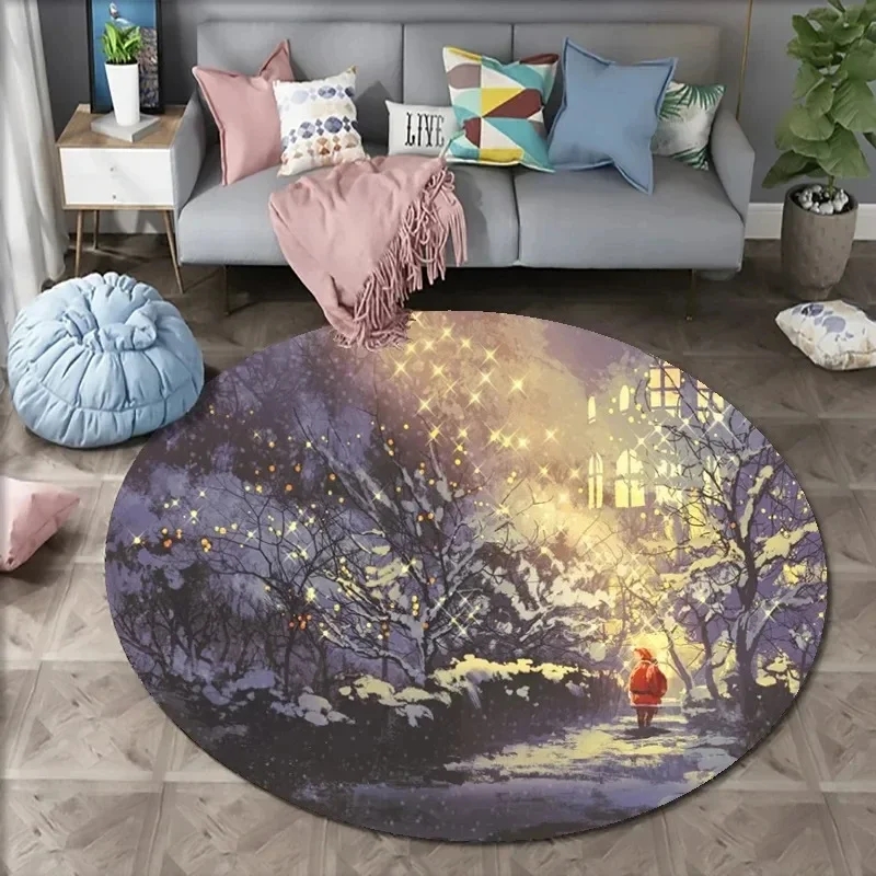Christmas Eve Street Landscape Round Rug Cartoon Xmas Night Scenery Carpet Living Room Bedroom Floor Mat Home Entrance Door Mat