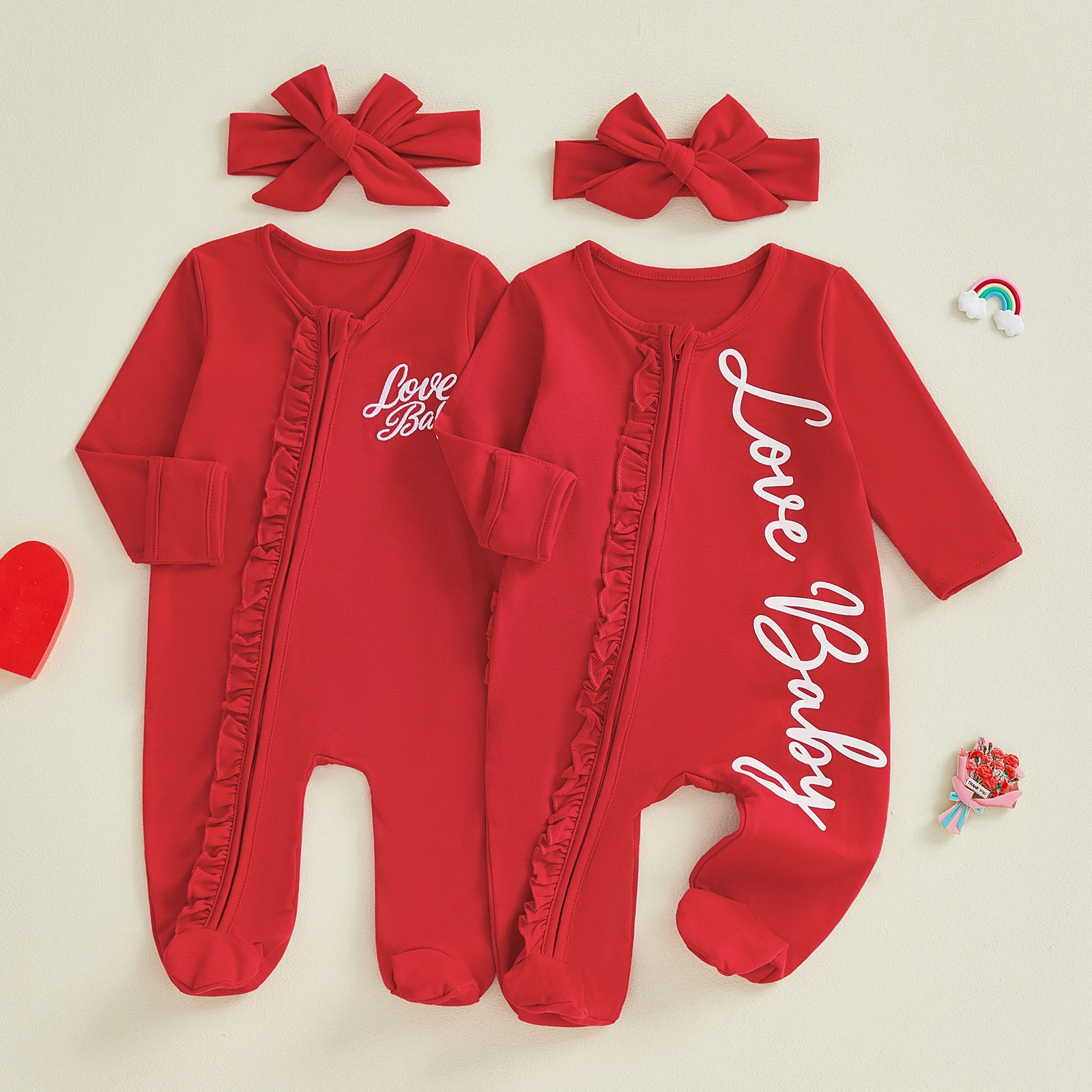 ชุดวันวาเลนไทน์สำหรับเด็กทารกแรกเกิด ลายตัวอักษร แต่งระบาย ซิปหน้า คอกลม แขนยาว ชุดรอมเปอร์แบบมีที่คลุมเท้า พร้อมที่คาดผม ชุด 2 ชิ้น