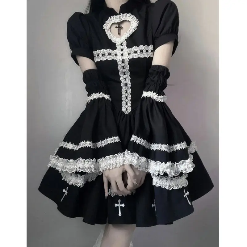 Japanese Black Gothic Lolita Dress Women Kawaii Preppy Style Lace Ruffles Hollow Midi Dresses Female All-Match Y2k Cute Dress