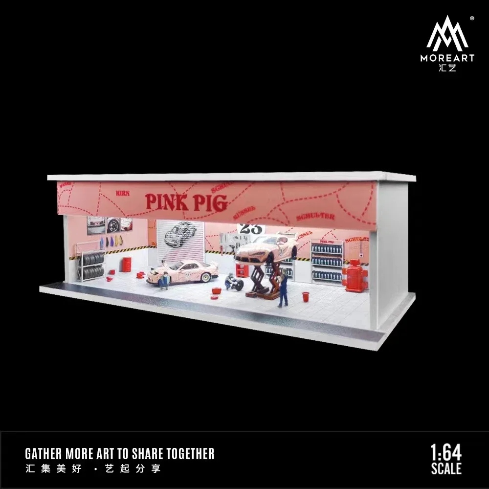 MoreArt-Iluminación LED Diorama para garaje, modelo de alimentación USB, estación de coche, versión de cerdo rosa, 1:64