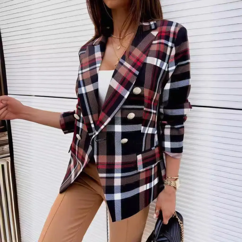 

Autumn Winter Double-Breasted Fashion Printed Coat Long Sleeve Thickened Small Suit Women's Independent Station
