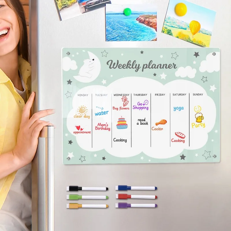 Weekly Planner Magnetic Whiteboard with 3D Cartoon Design and Erasable Function Whiteboard Calendar