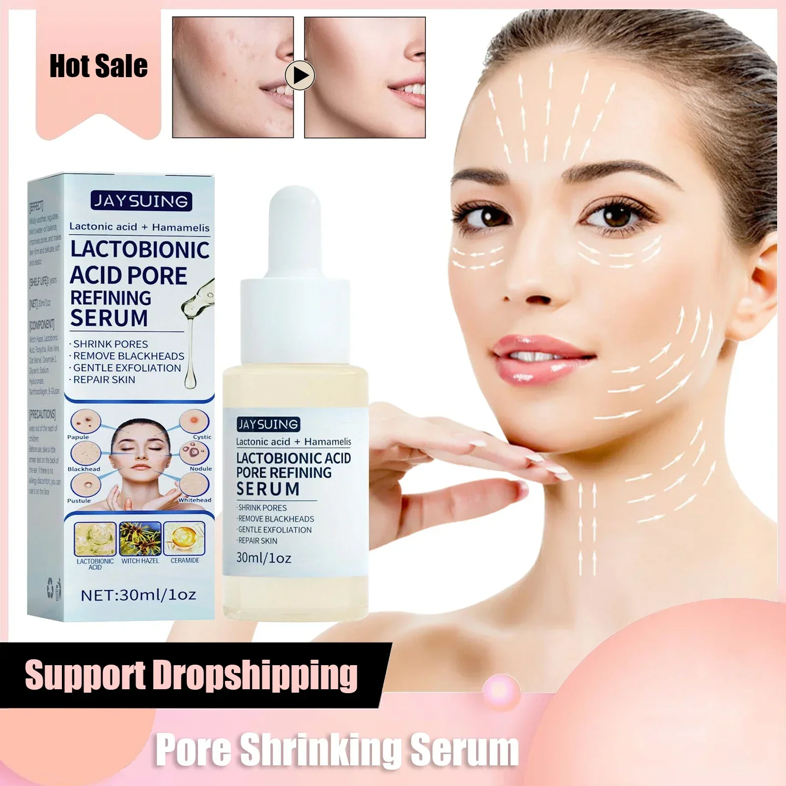 Lactobionic Acid Shrink Pore Essence Hyaluronic Acid Firming Brighten Moisturizing Nourish Essence Pore Shrink Face Serum 30ml