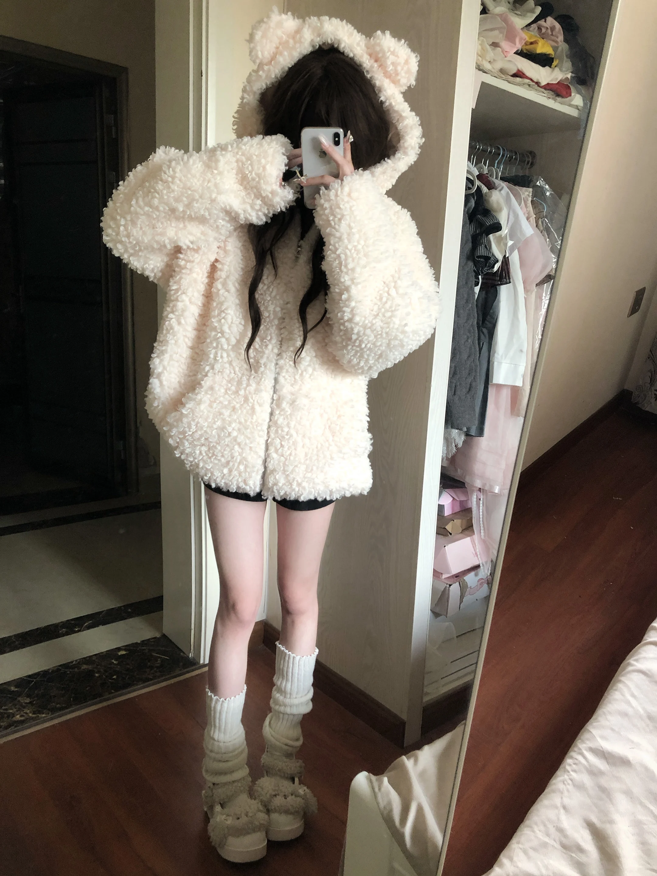 

Original Design Lamb Fur Bear Coat Cute Layering Autumn Winter Faion Women's ort Outerwear Polyester Fiber Bear Pattern