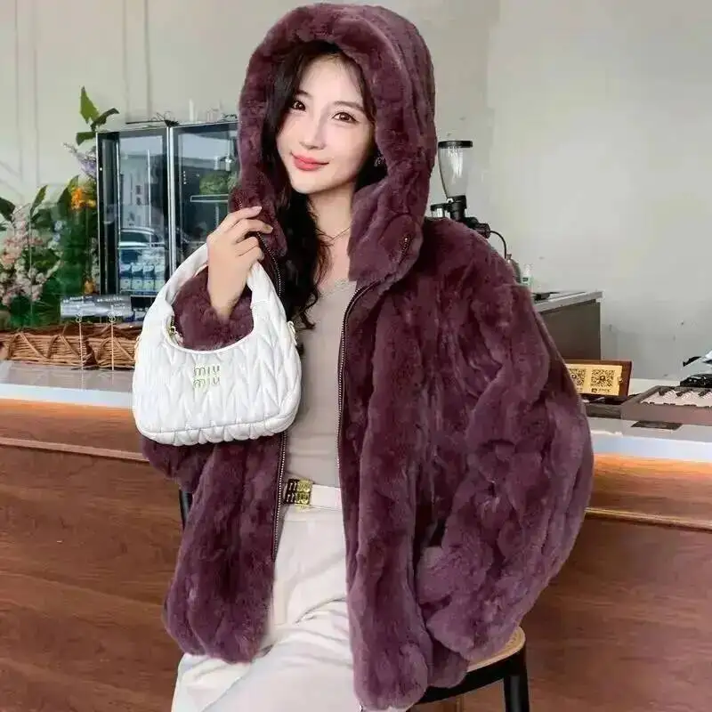 Nueva chaqueta de piel de conejo, abrigo de piel de conejo para mujer, abrigo de piel entera Natural, abrigo de piel de conejo a la moda con capucha, ropa Kawaii para mujer