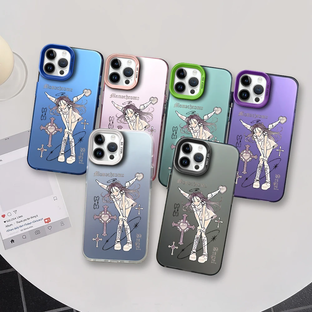 Anime Angel Girl Cross Cool Love Phone Case for iPhone 16 12 13 14 15 11 Max Pro Plus Laser IMD Color Shell