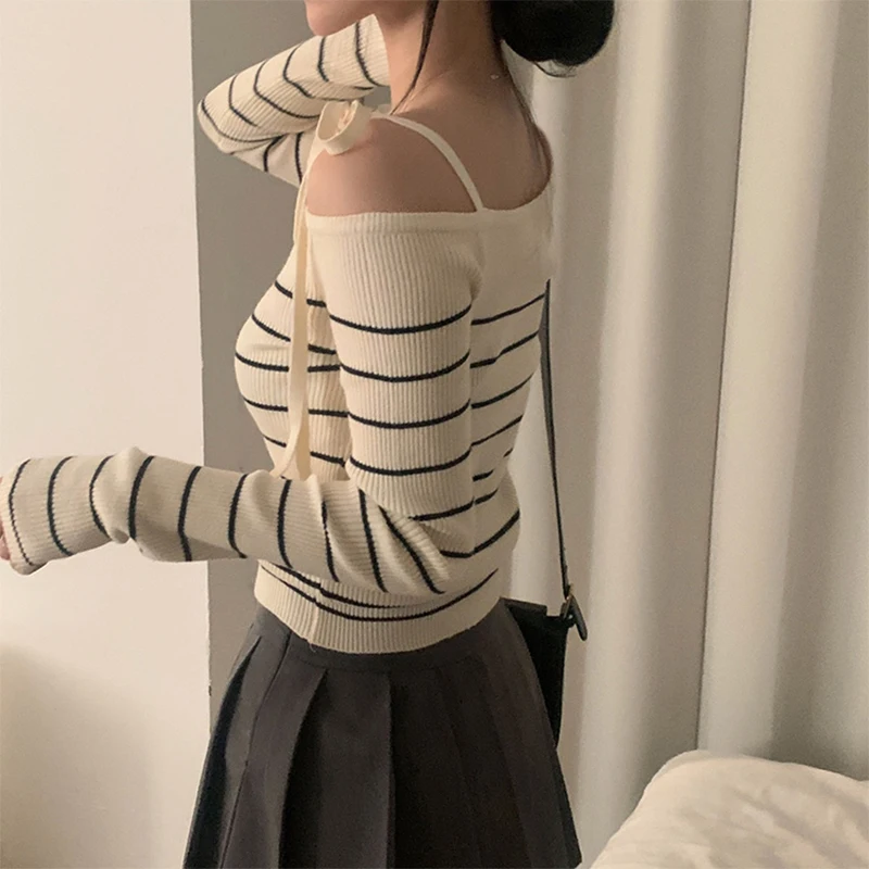 Sweet Off-the-shoulder Striped Tops Women Spring Autumn Casual Irregular Knitted Pullover