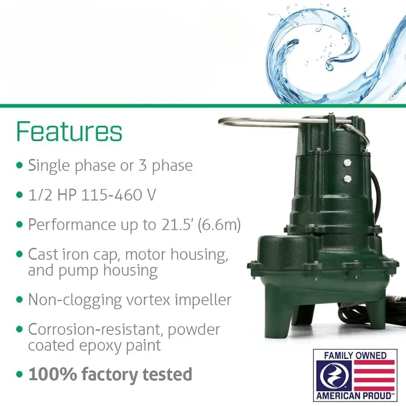 Waste-Mate 267-0001 Sewage Pump, 1/2 Automatic – Heavy-Duty Submersible Sewage, Effluent or Dewatering Pump