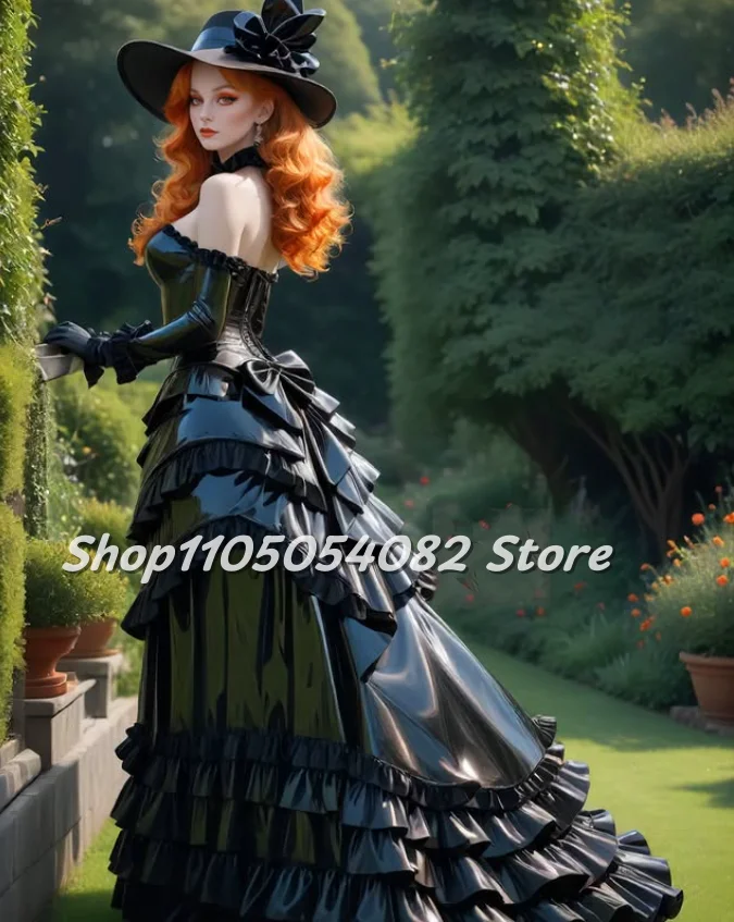 

Customized Black Special Victorian Ball Gown Off-the-Shoulder Long Sleeves Ruffled A-Line Train Floor-Length Evening Dress