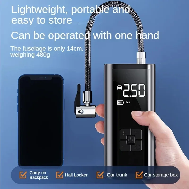 レノボ新型ミニポータブル車載エアポンプ電動インフレータ、led緊急ライト付き、車、バイクに最適-2026