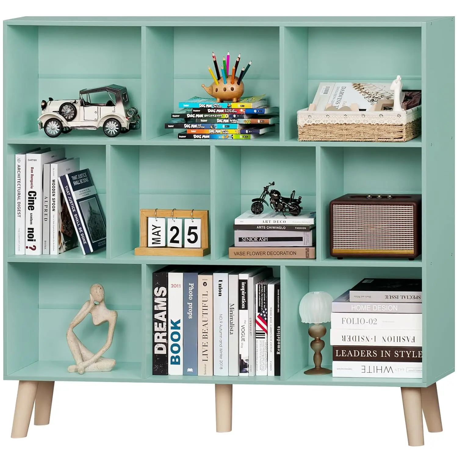 Mid-Century Modern Bookshelf with Legs, Green 3 Tier Open Cube Storage Organizer for Bedroom Living Room Office, Customized