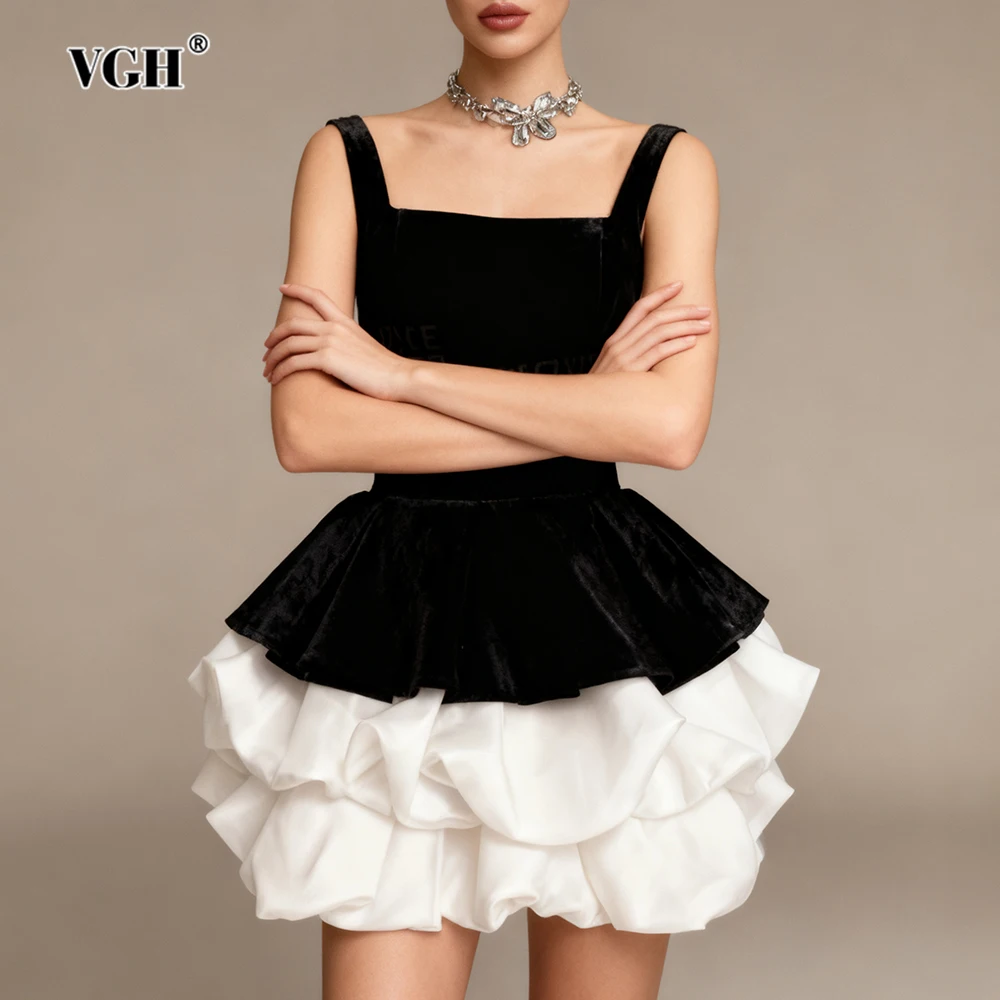 

VGH хитовое цветное лоскутное бархатное короткое платье для женщин с квадратным воротником без рукавов на молнии, милые платья для торта, женские осенние платья