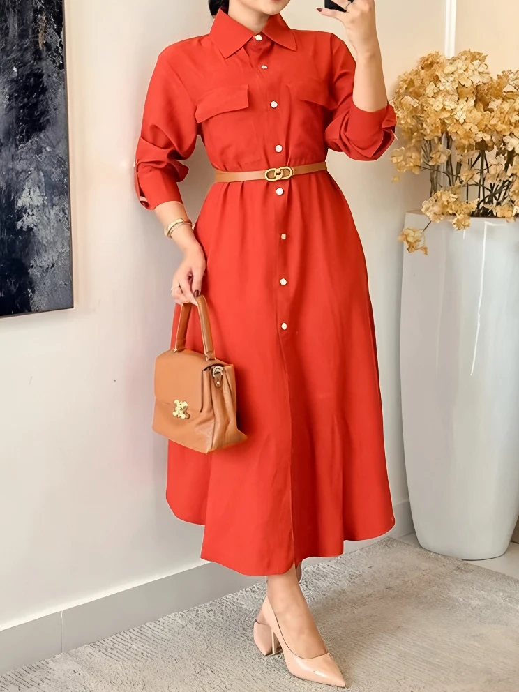

Women's Solid Color Casual Elegant Robe-Style Slim-Fit Long-Sleeve Maxi Dress,Suitable for Autumn and Winter