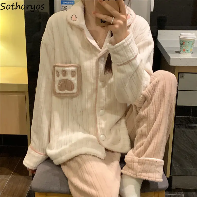 Pajama Sets Women Solid Cute Tender Ulzzang Pretty Basics Casual Soft All-match Autumn Delicate Korean Style Vintage Students