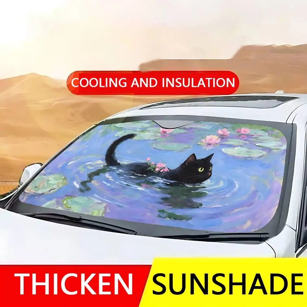 Gato de dibujos animados en hoja de loto parasol para coche cortinas parabrisas ventana delantera 70x130cm visera solar protección a cuadros regalo novedad coche
