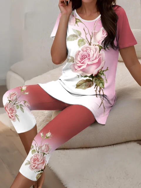 Plus Size letnie damskie na co dzień z kwiatowym nadrukiem eleganckie t-shirty z krótkim rękawem garnitur damski ubranko z krótkim rękawem damski dwuczęściowy