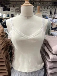 Lace Patchwork Slim Sexy Tank Tops Women Sweet Cute Sleeveless Soft Cotton Crop Camis Summer Vintage Solid Y2k Vest Clothes Lady