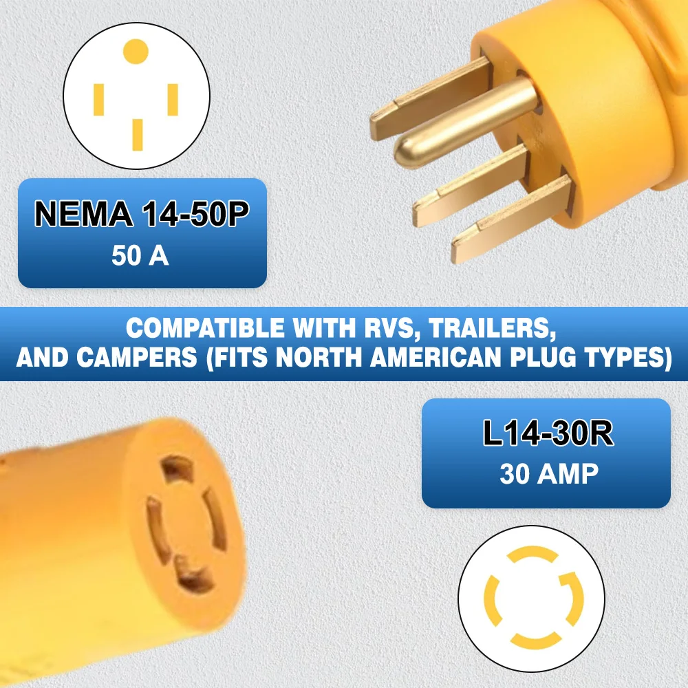 

Конвертер вилки генератора по Шору 125/250 В NEMA 14-50P «папа» на L14-30R «мама» для автофургона/прицепа/кемпера, сверхмощный, устойчивый к атмосферным воздействиям