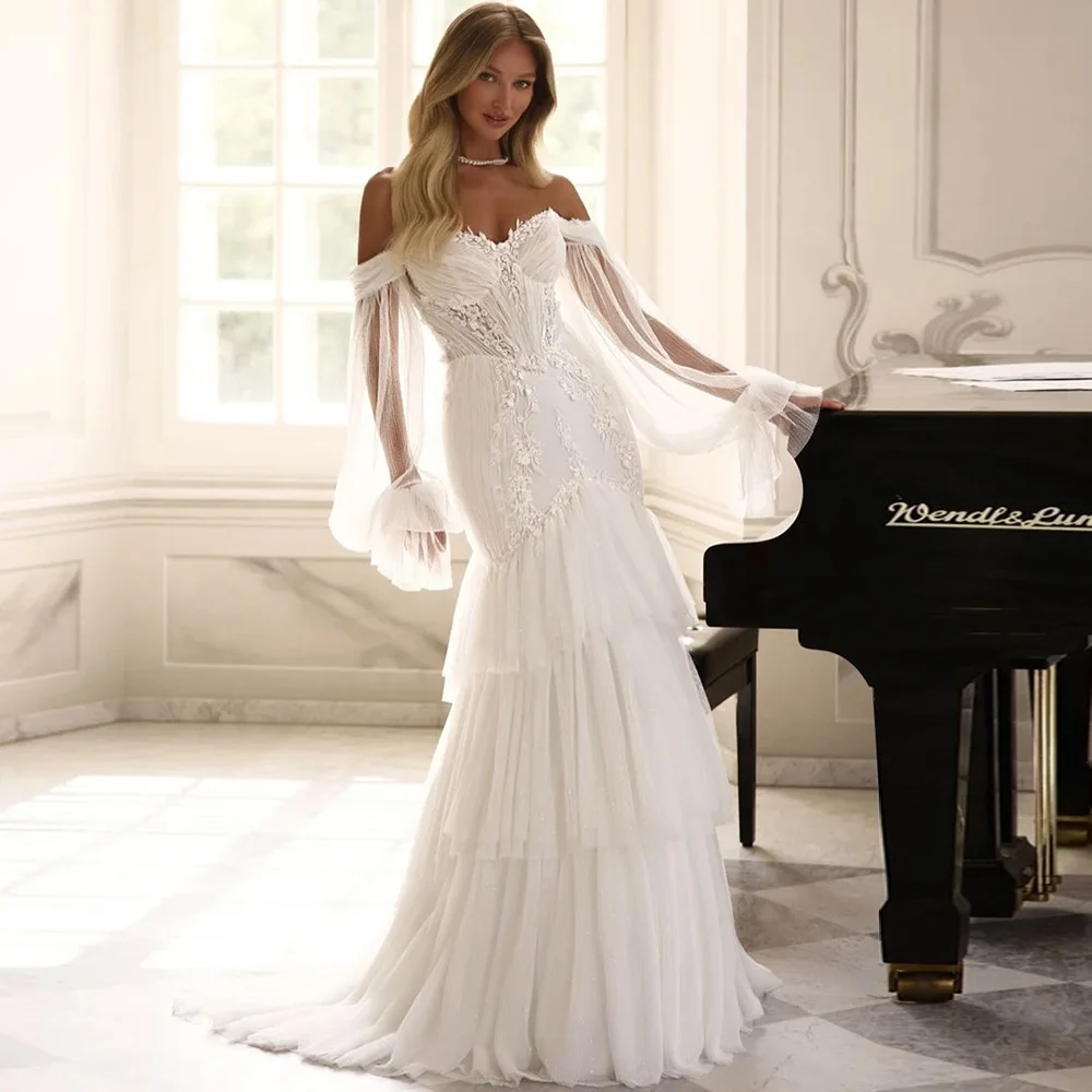 

Exquisite Beading Appliques Customized Bridal Gowns Classic Tiered Chiffon Robe de mariée Customized Mermaid Tulle Wedding Dress