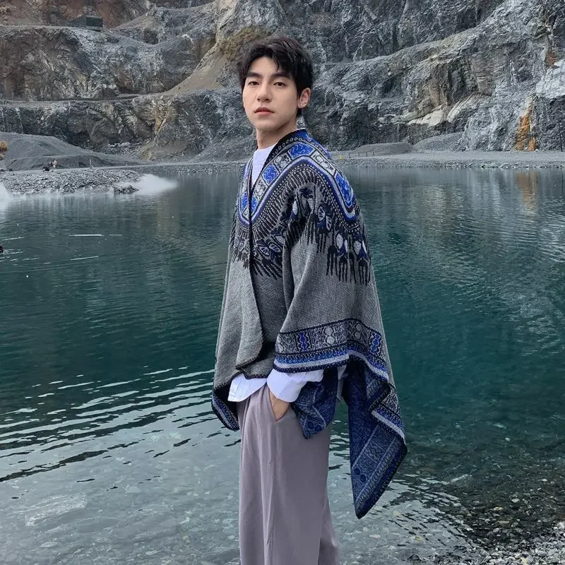 

Men's Geometric Style Ethnic Trend Shawl Outdoor Travel Warm and Windproof Cloak Shawl Cloak Imitation cashmere tote Photography