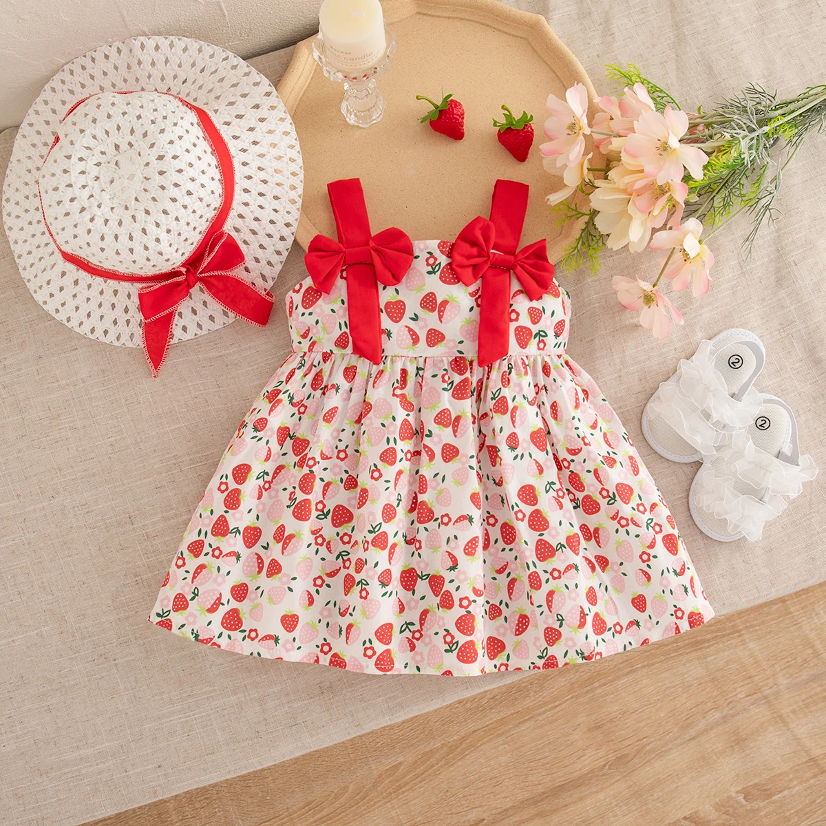 Summer Outfit for Baby Girl Sending A Beach Hat Korean Style Fashion Red Bow Toddler Suspender Strawberry Dress