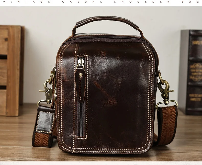 

100% Genuine Leather Messenger Bags Retro Cow Leather Man Bag Corssbody Handlebags Multifunction Waist Bags Mini Shoulder Bag